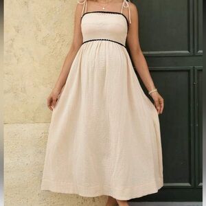 NWOT Beige Cotton Gauze Maternity Dress Flowy Midi Bump Friendly Summer Outfit